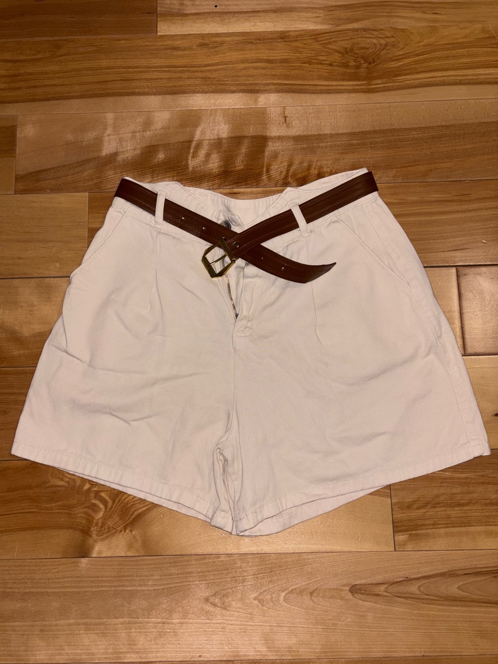 Women's Cream High-Waist Shorts with Brown Belt